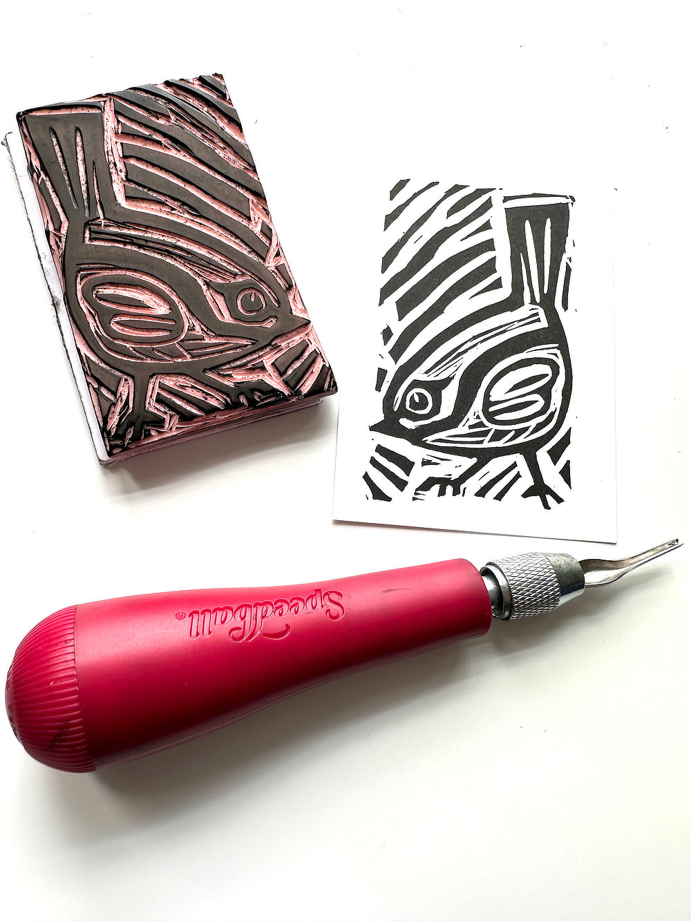 wren linoprint by Maryland artist Garnette Hines